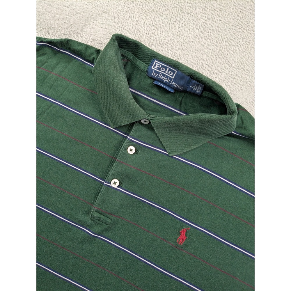 Polo Ralph Lauren Mens Green Striped Pima Cotton Golf Fit Polo Shirt Large